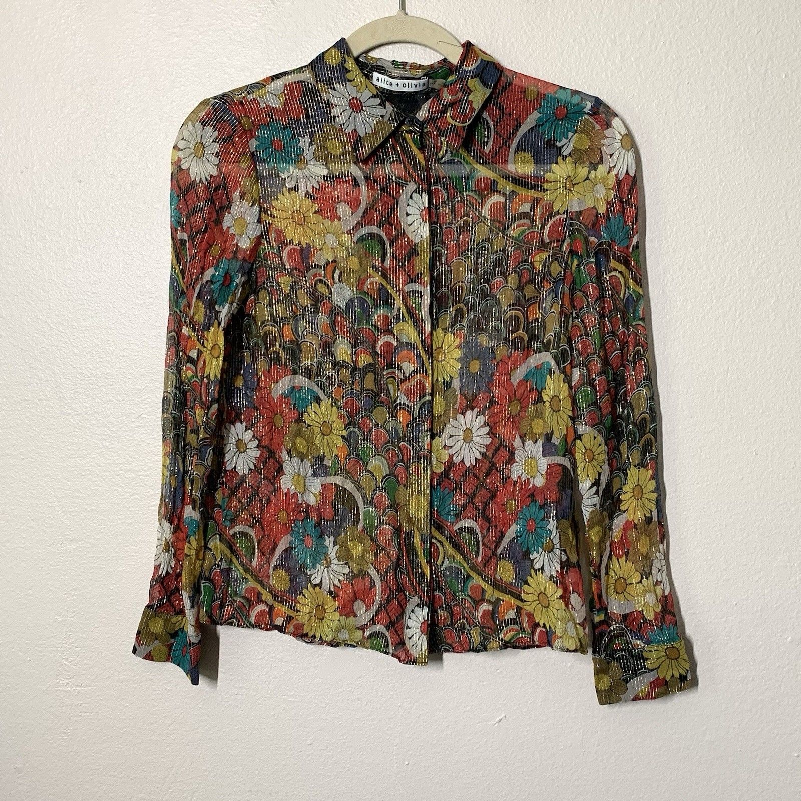 Alice + Olivia Willa Floral Melody Blouse S Top Sheer Silk Blend Long Sleeve